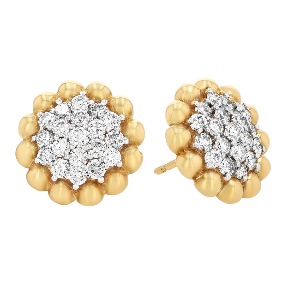 Diamond Pavé Round Beaded Edge Stud Earrings in Two Tone