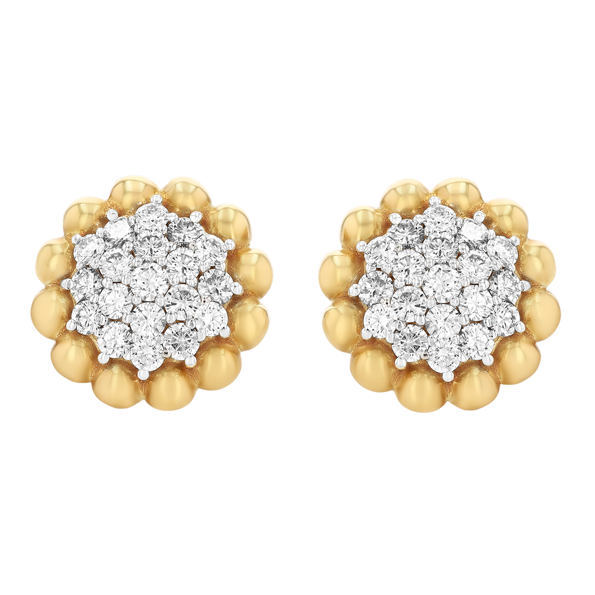 Diamond Pavé Round Beaded Edge Stud Earrings in Two Tone