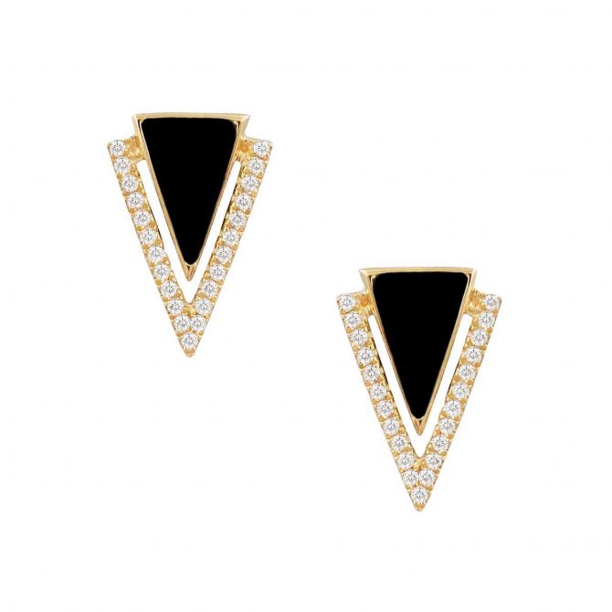 Doves Black Onyx Chalcedony with Diamond Triangle Stud Earrings in Yellow Gold