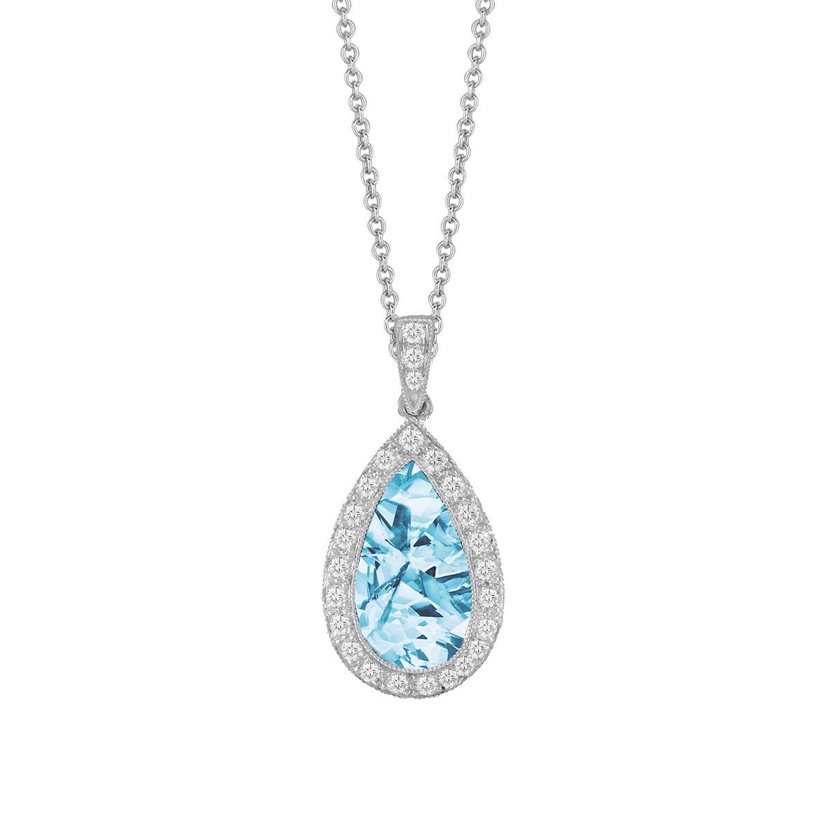 Doves Pear Shaped Topaz & Diamond Halo Pendant in White Gold, 18