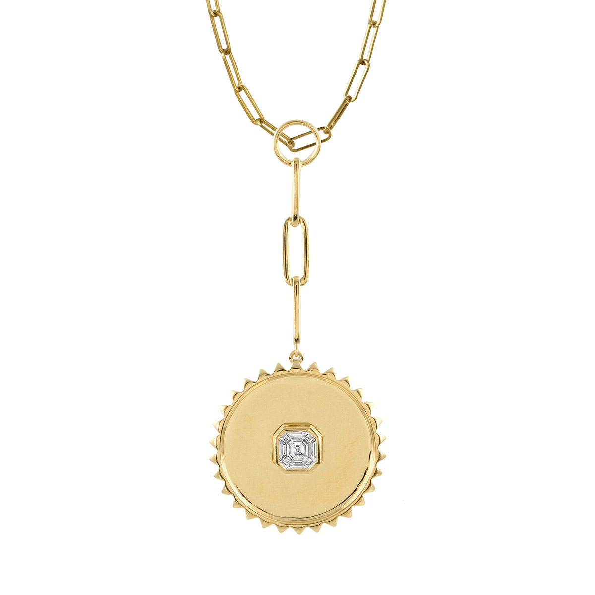 Doves Invisible Set Diamond Mosaic Scalloped Edge Circle Pendant with Paperclip Chain in Yellow Gold