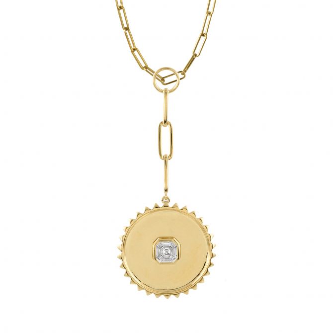Doves Invisible Set Diamond Mosaic Scalloped Edge Circle Pendant with Paperclip Chain in Yellow Gold