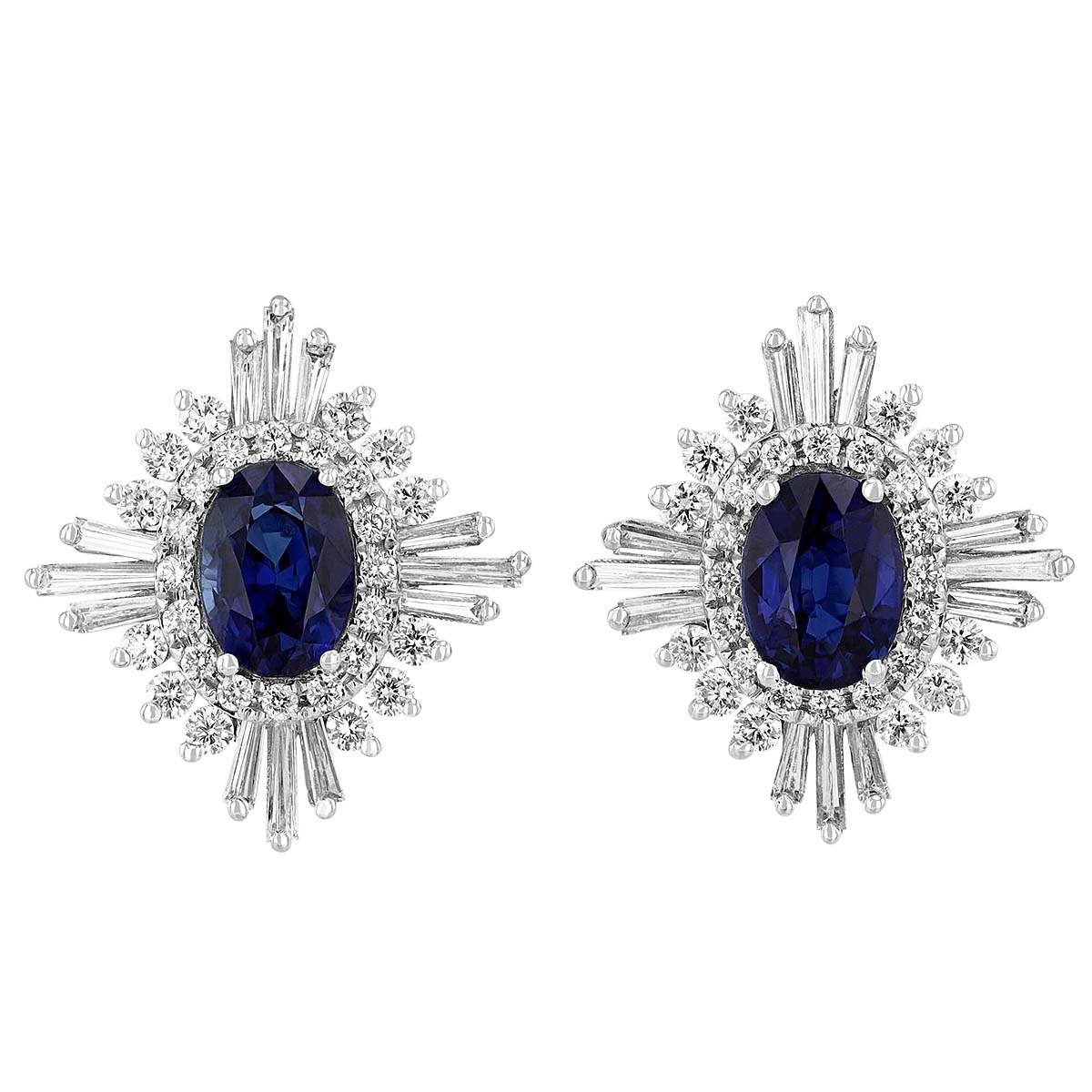 Oval Sapphire & Diamond Baguette 4 Point Star Halo Post Earrings in White Gold
