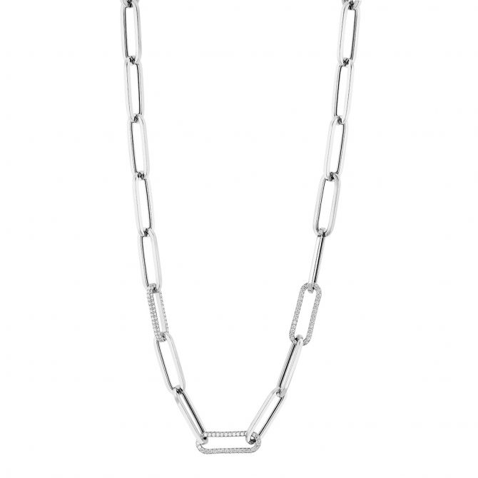 Diamond Pave 3 Station Paperclip Link Chain Necklace in White Gold, 18"