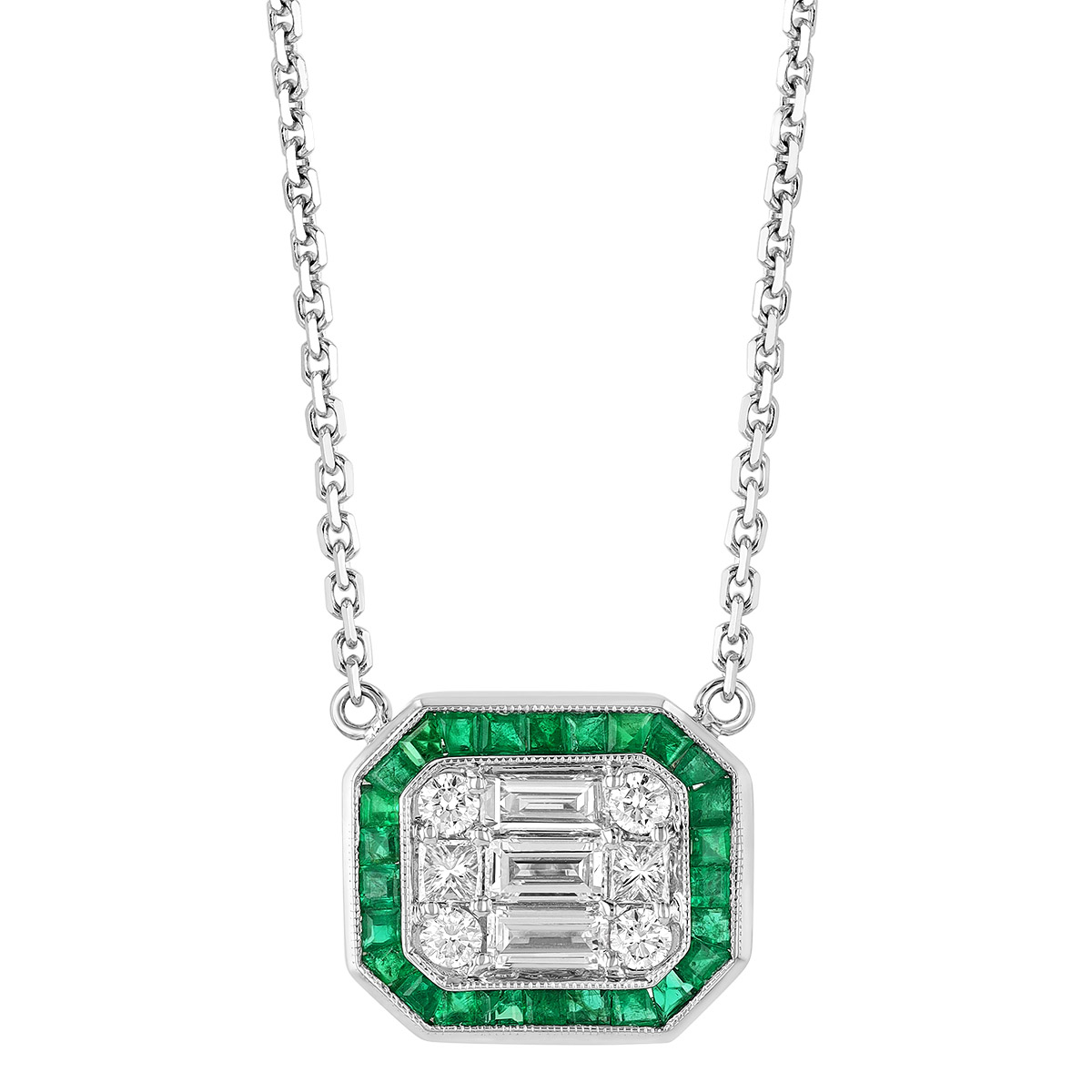Multi Shaped Diamond & Emerald Halo Pendant in White Gold, 18