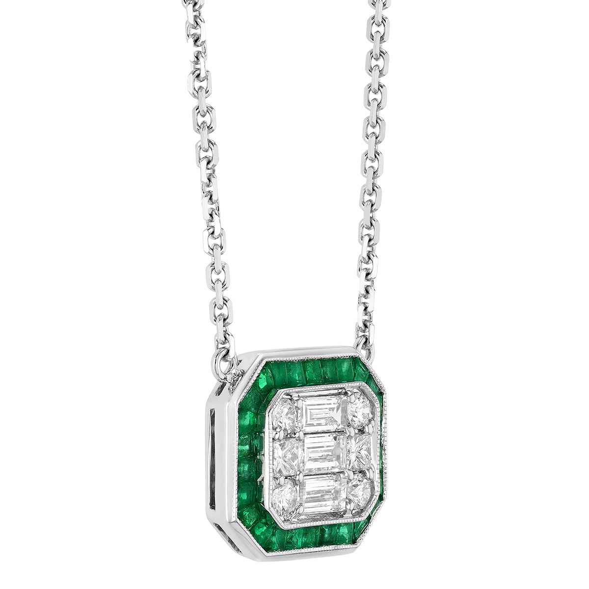 Multi Shaped Diamond & Emerald Halo Pendant in White Gold, 18