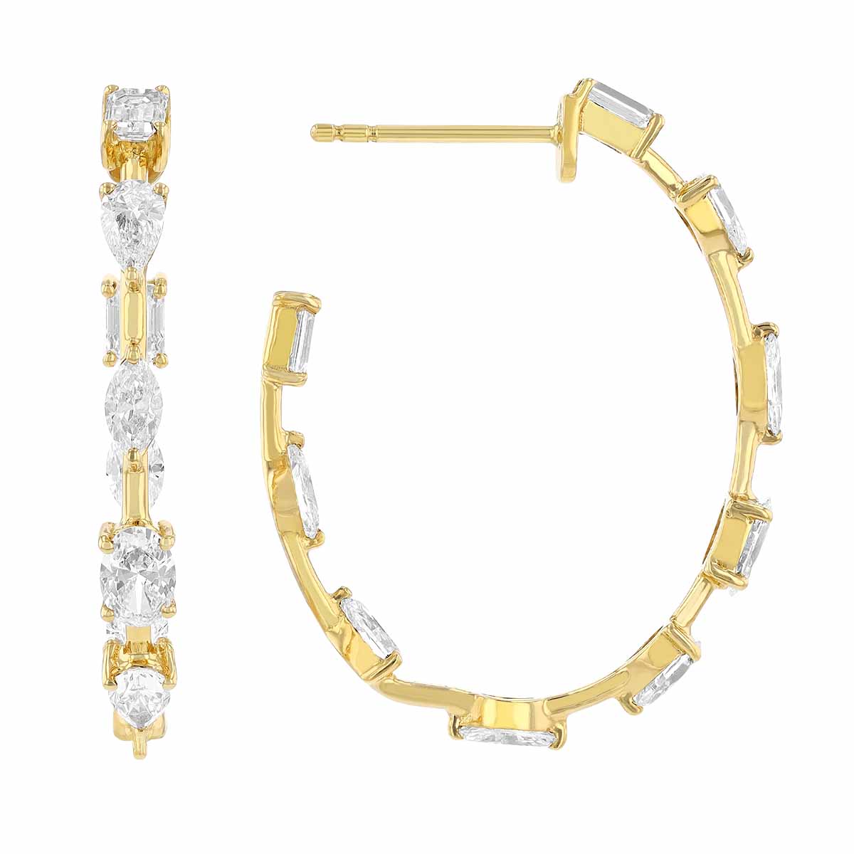 Multi-Shape Diamond In & Out Hoop Earrings in Yellow Gold