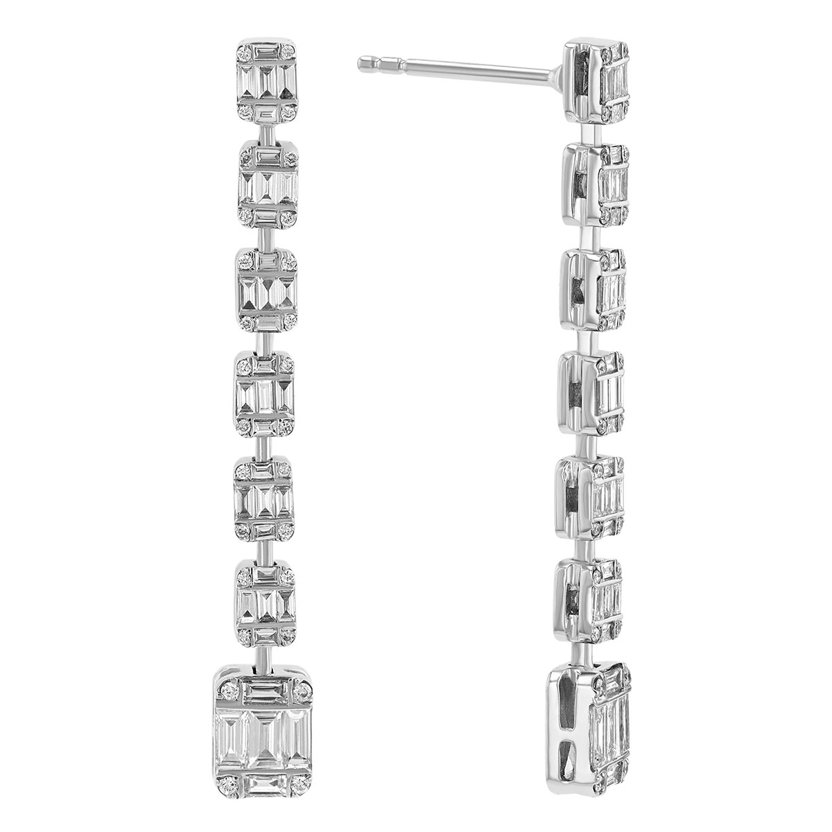Mixed Shape Diamond Rectangle Drop Earrings in White Gold