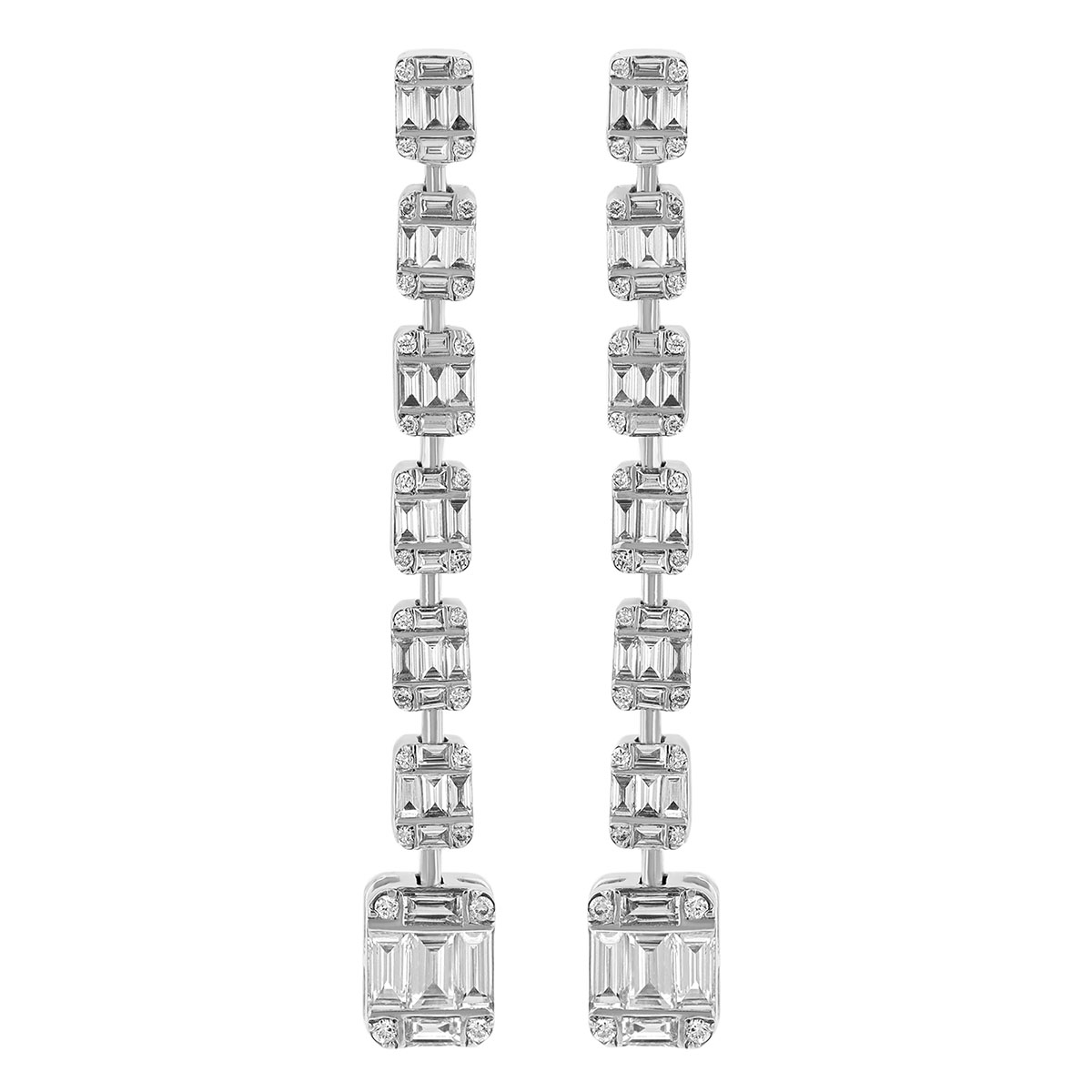 Mixed Shape Diamond Rectangle Drop Earrings in White Gold