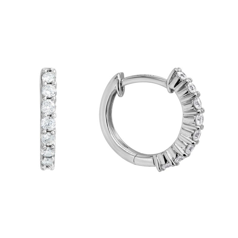 Round Diamond Shared Prong Huggie Hoop Earrings in White Gold, 0.35 cttw