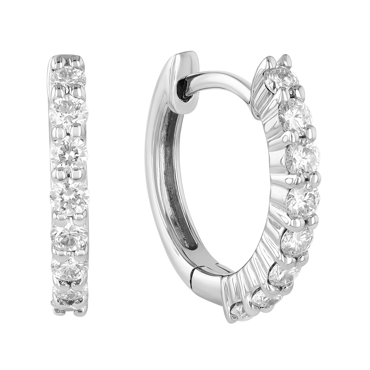 Round Diamond Shared Prong Huggie Hoop Earrings in White Gold, 0.35 cttw