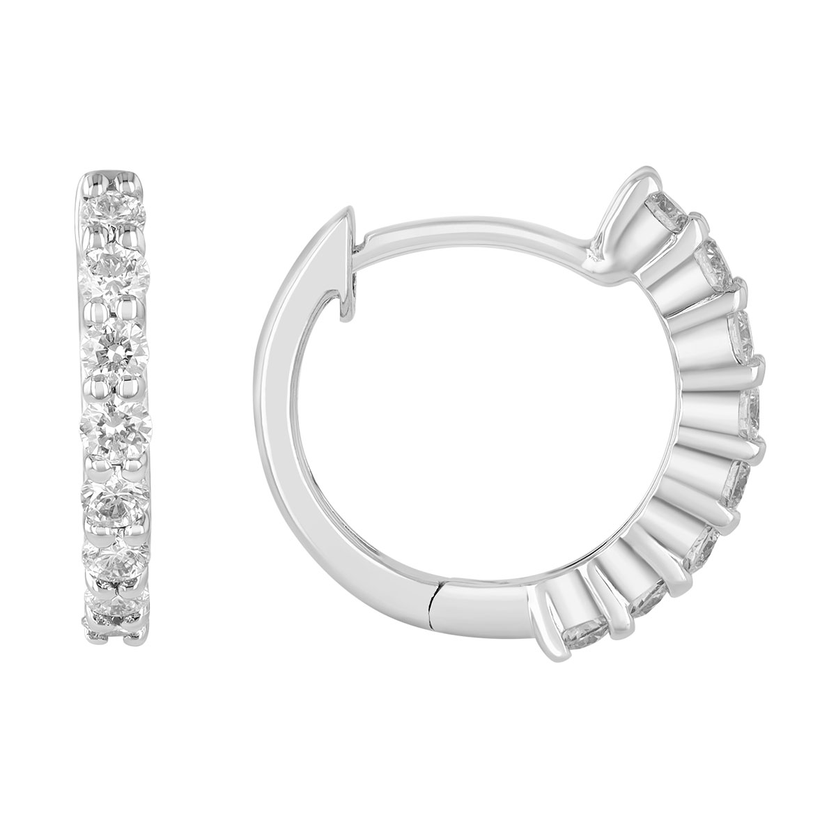 Round Diamond Shared Prong Huggie Hoop Earrings in White Gold, 0.35 cttw