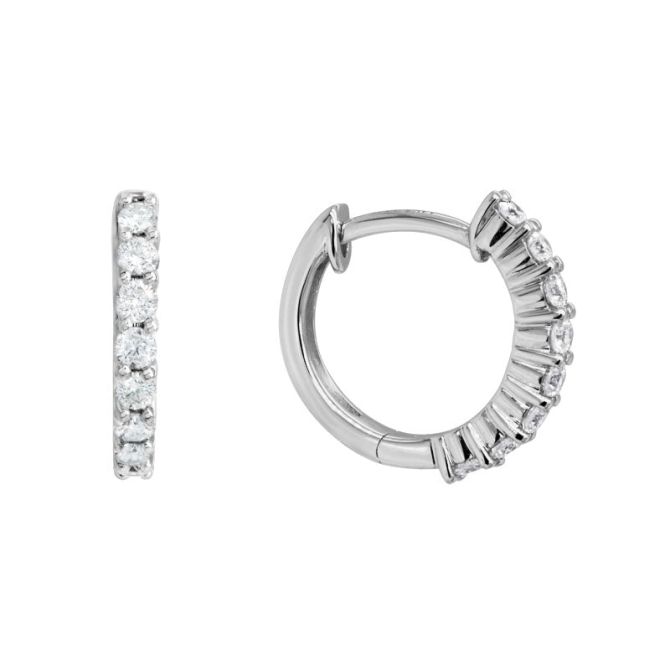 Round Diamond Shared Prong Huggie Hoop Earrings in White Gold, 0.35 cttw
