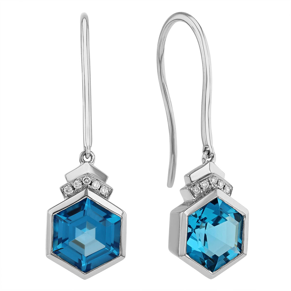 Hexagon Topaz & Diamond Drop Earrings in White Gold