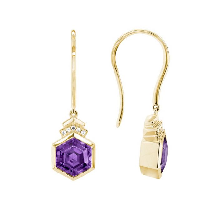 Hexagon Amethyst & Diamond Drop Earrings in Yellow Gold