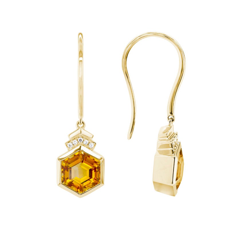Hexagon Citrine & Diamond Drop Earrings in Yellow Gold
