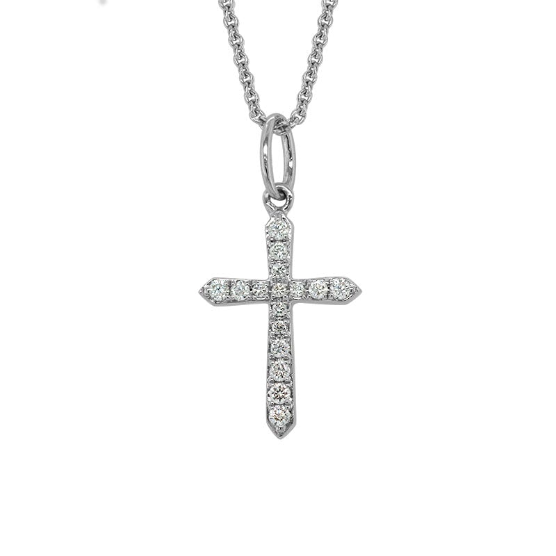 Diamond Pointed Cross Necklace in White Gold, 0.08 cttw