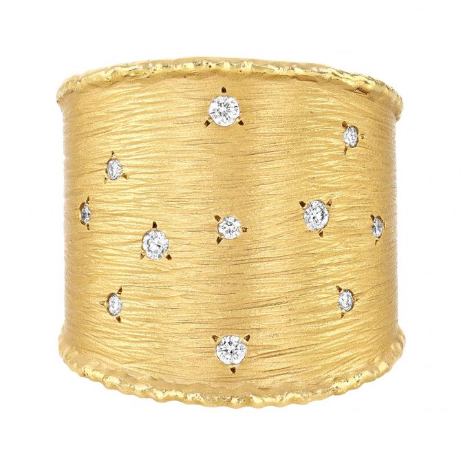 Marika Flush Set Diamond Scatter Wide Band Ring in Yellow Gold