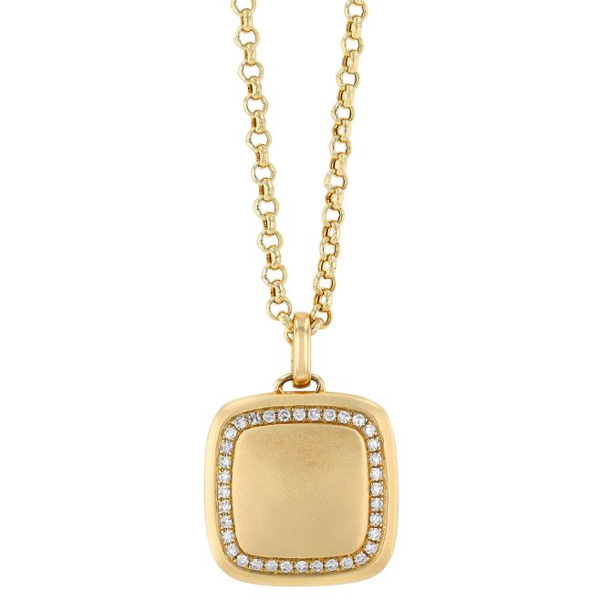 Diamond Frame Cushion Shaped Locket Pendant in Matte Yellow Gold, 18"