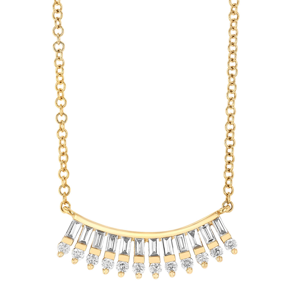 Round & Baguette Diamond Fan Curved Bar Necklace in Yellow Gold, 18