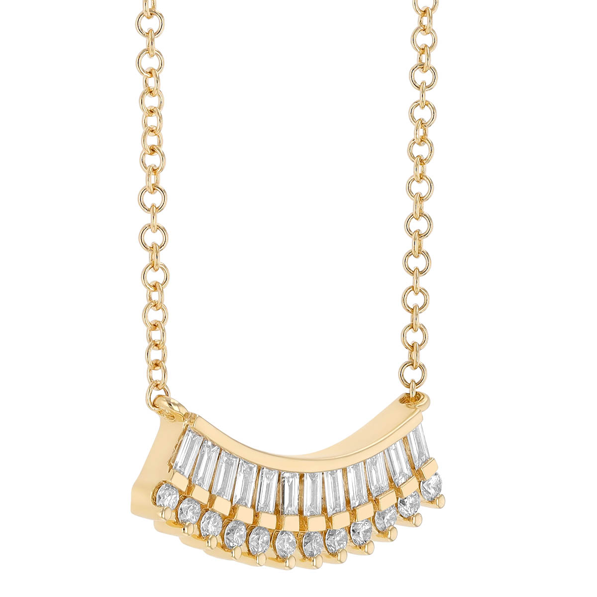 Round & Baguette Diamond Fan Curved Bar Necklace in Yellow Gold, 18