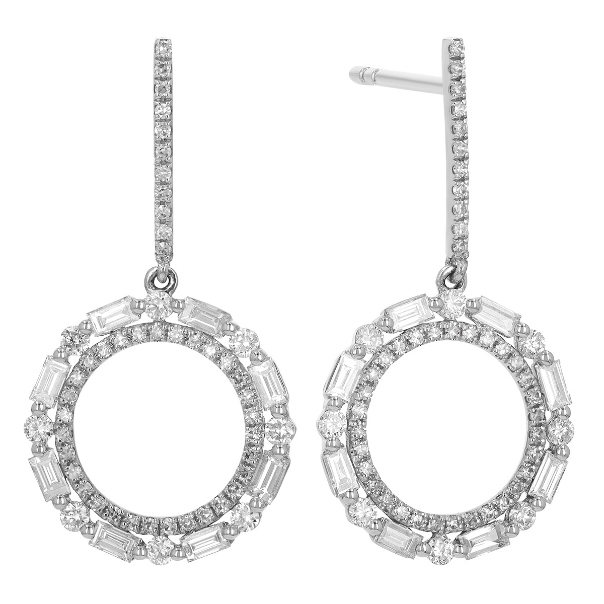 Baguette & Round Double Circle Dangle Earrings in White Gold