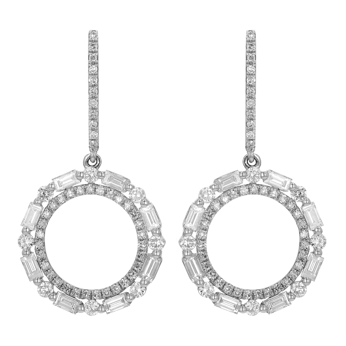 Baguette & Round Double Circle Dangle Earrings in White Gold