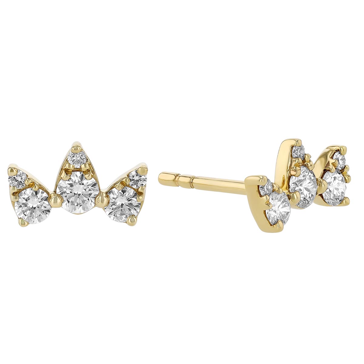 Diamond 3 Point Crown Stud Earrings in Yellow Gold