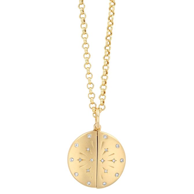 Diamond Starburst Circle Locket Necklace in Yellow Gold, 18"
