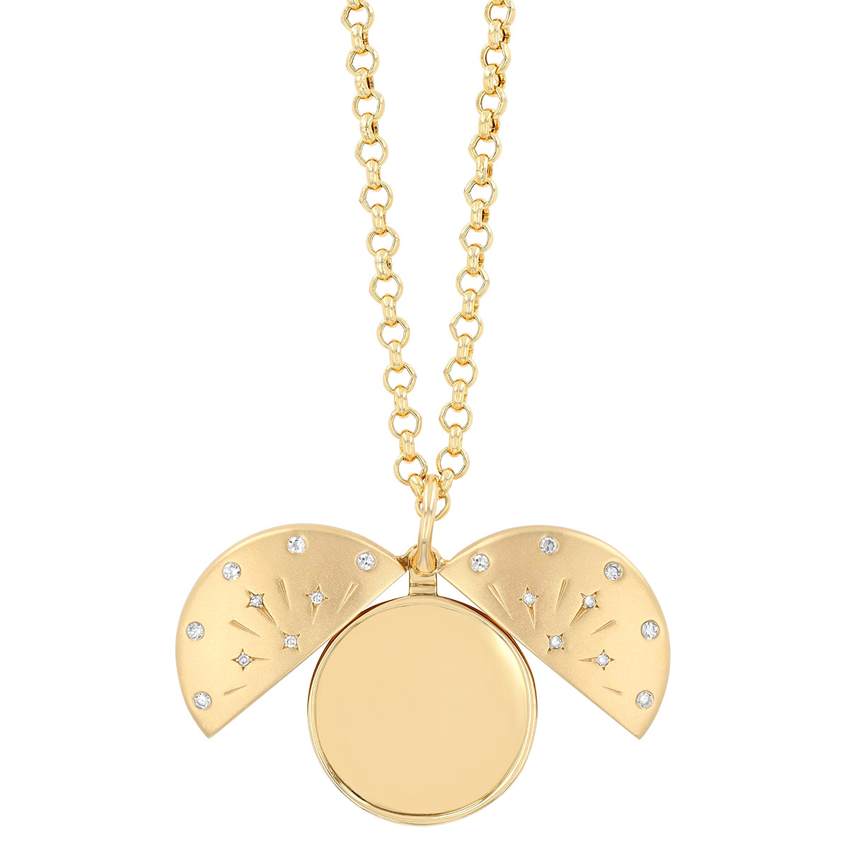 Diamond Starburst Circle Locket Necklace in Yellow Gold, 18