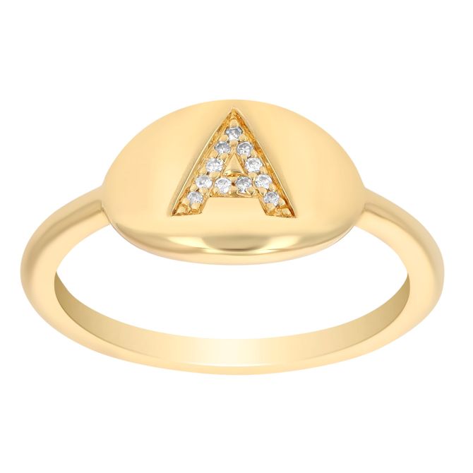 Diamond "A" Initial Oval Ring in Yellow Gold
