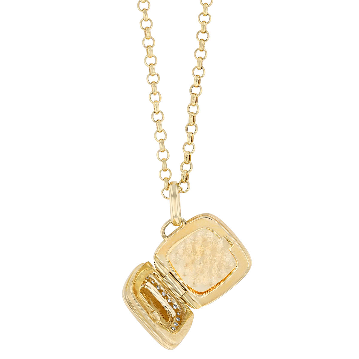 Diamond Frame Mini Cushion Shaped Locket Pendant in Matte Yellow Gold, 20