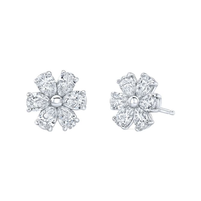 Rahaminov Pear Shape Diamond Cluster Flower Stud Earrings in White Gold, 1.44 cttw
