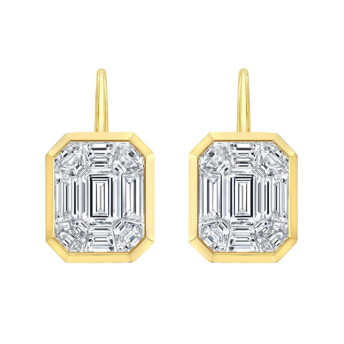 Rahaminov Diamond Mosaic Bezel Set Rectangular Drop Earrings in Yellow Gold, 3.39 cttw
