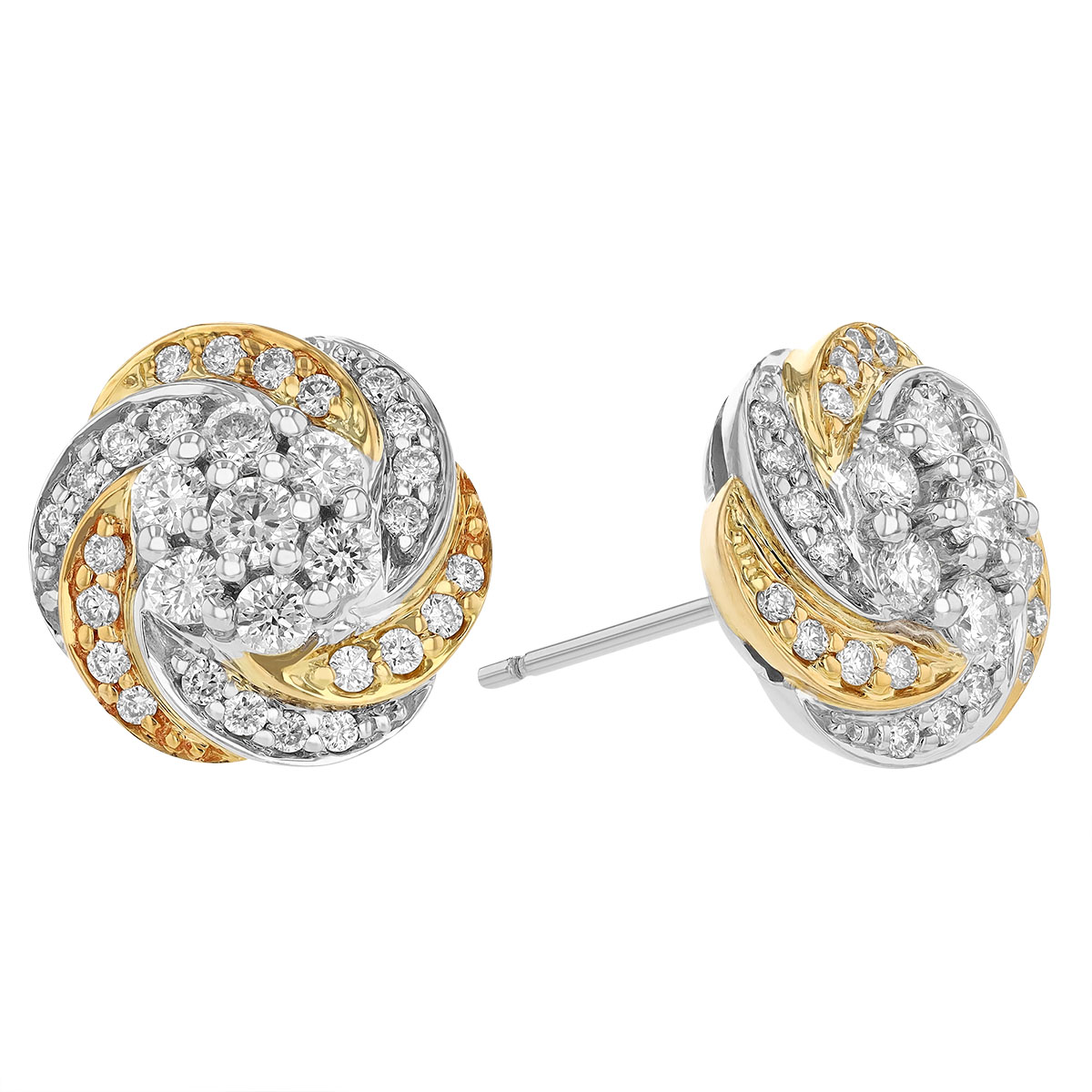 Diamond Cluster Swirl Stud Earrings in White & Yellow Gold