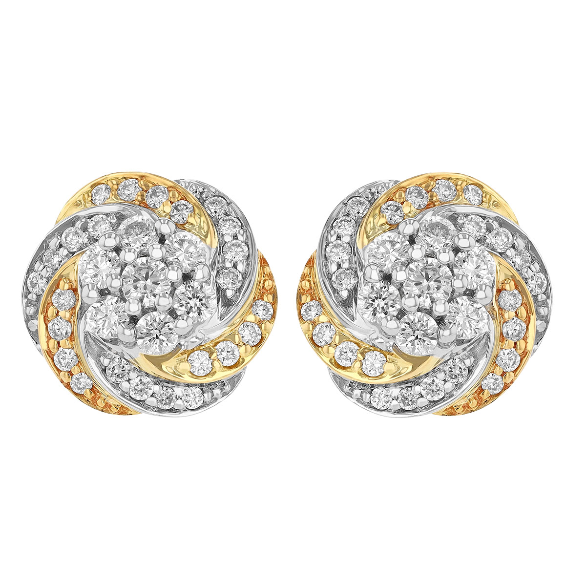 Diamond Cluster Swirl Stud Earrings in White & Yellow Gold