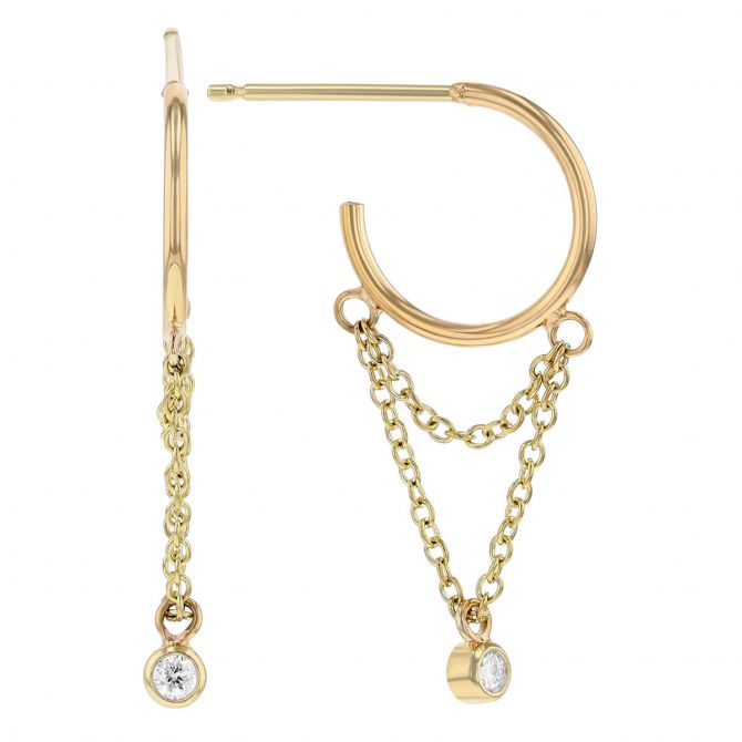 Zoe Chicco Double Chain Loop Thin Huggie Hoops with Diamond Dangle in Yellow Gold