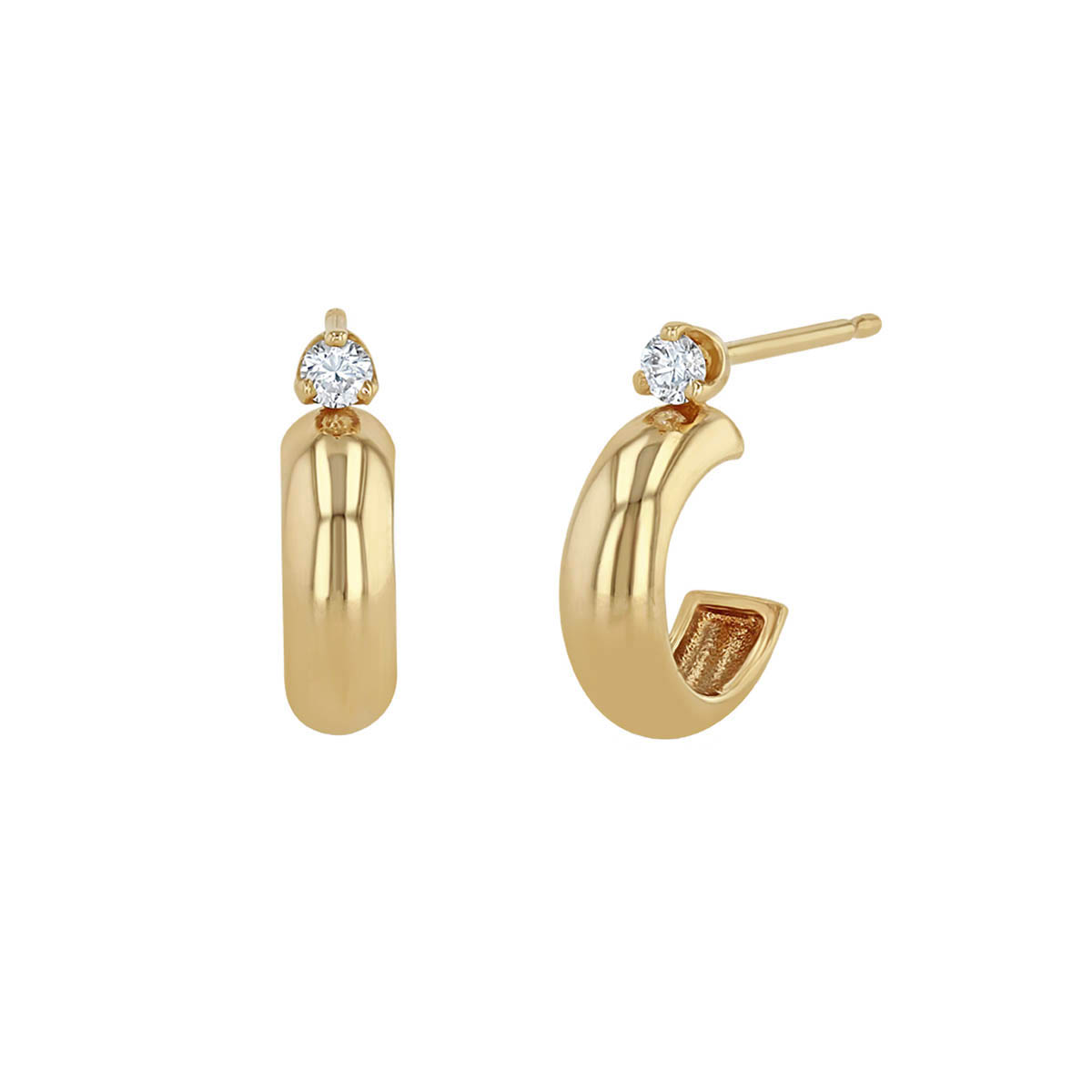 Zoe Chicco Yellow Gold Half Round Huggie Hoop Earrings with Prong Set Diamonds