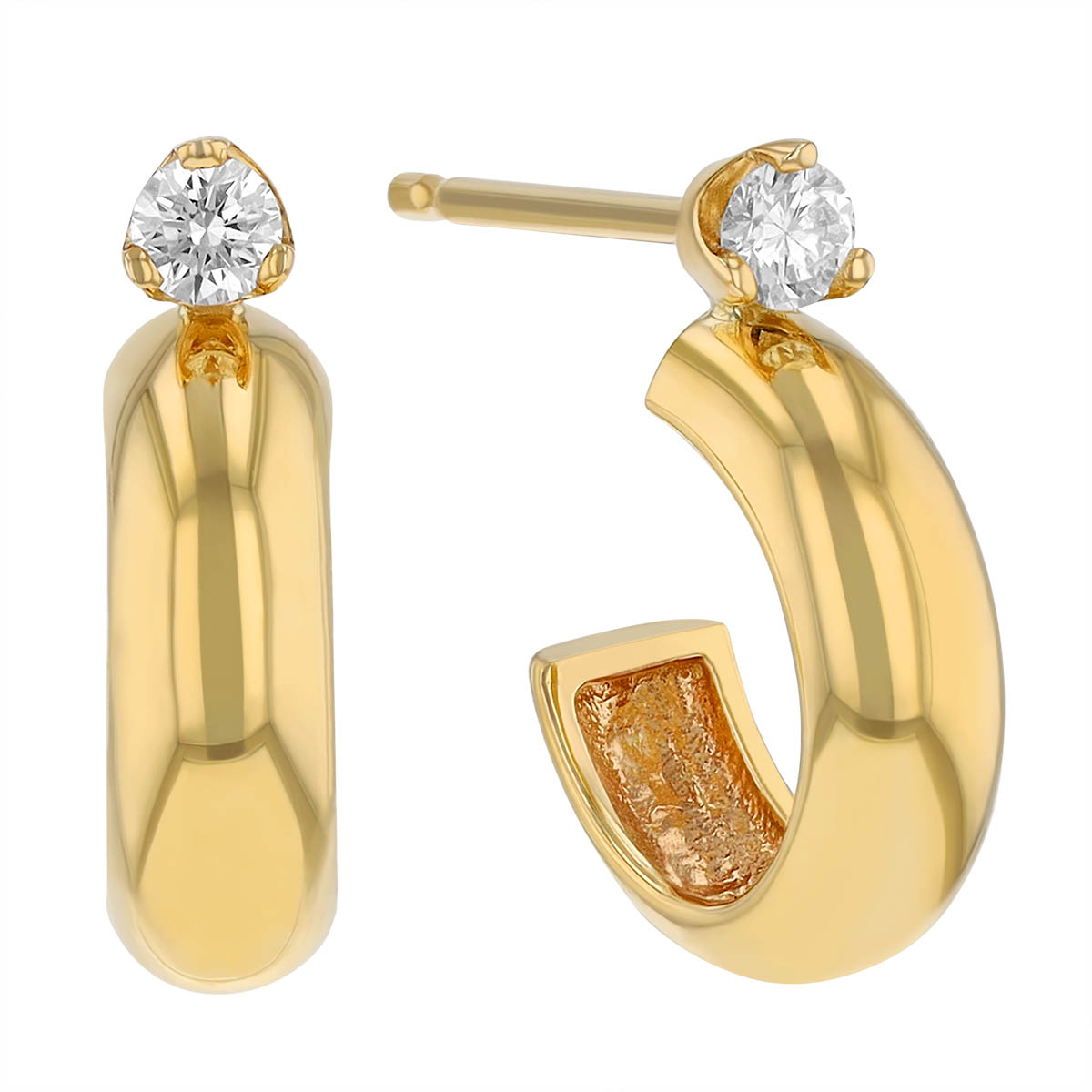 Zoe Chicco Yellow Gold Half Round Huggie Hoop Earrings with Prong Set Diamonds