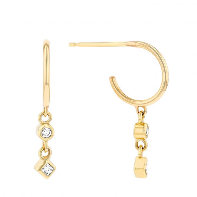 Zoe Chicco Diamond Duo Dangle Thin Huggie Hoop Earrings in Yellow Gold