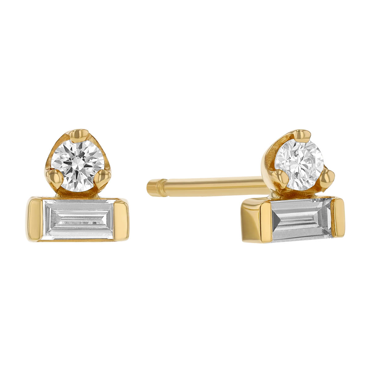 Zoe Chicco Baguette & Round Diamond Duo Stacked Stud Earrings in Yellow Gold