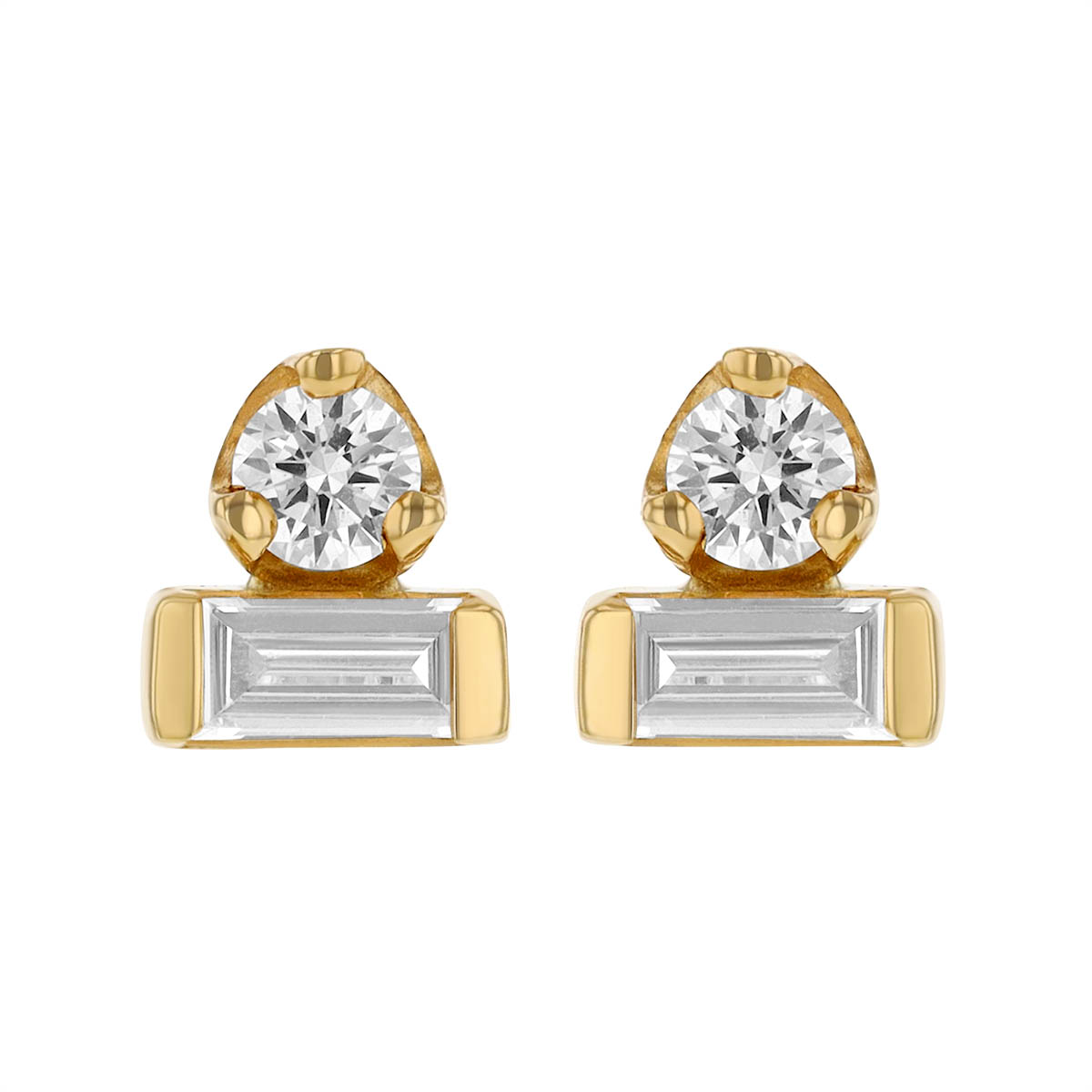 Zoe Chicco Baguette & Round Diamond Duo Stacked Stud Earrings in Yellow Gold