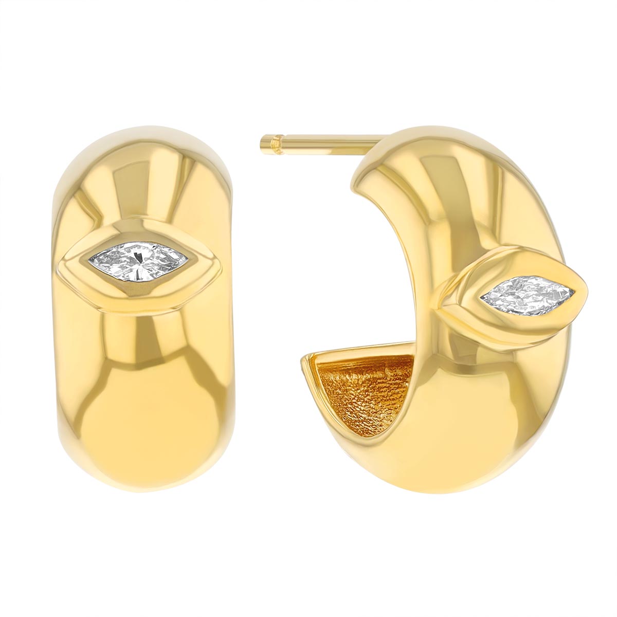 Zoe Chicco Yellow Gold Wide Chubby Huggie Hoop Earrings with Marquise Diamonds