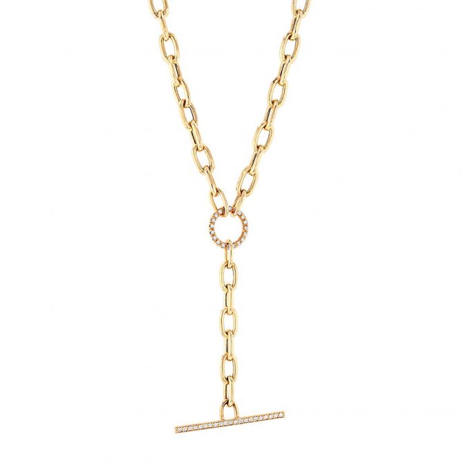 Zoe Chicco Large Link Chain Lariat Necklace with Pave Diamond Faux Toggle in Yellow Gold, 18"