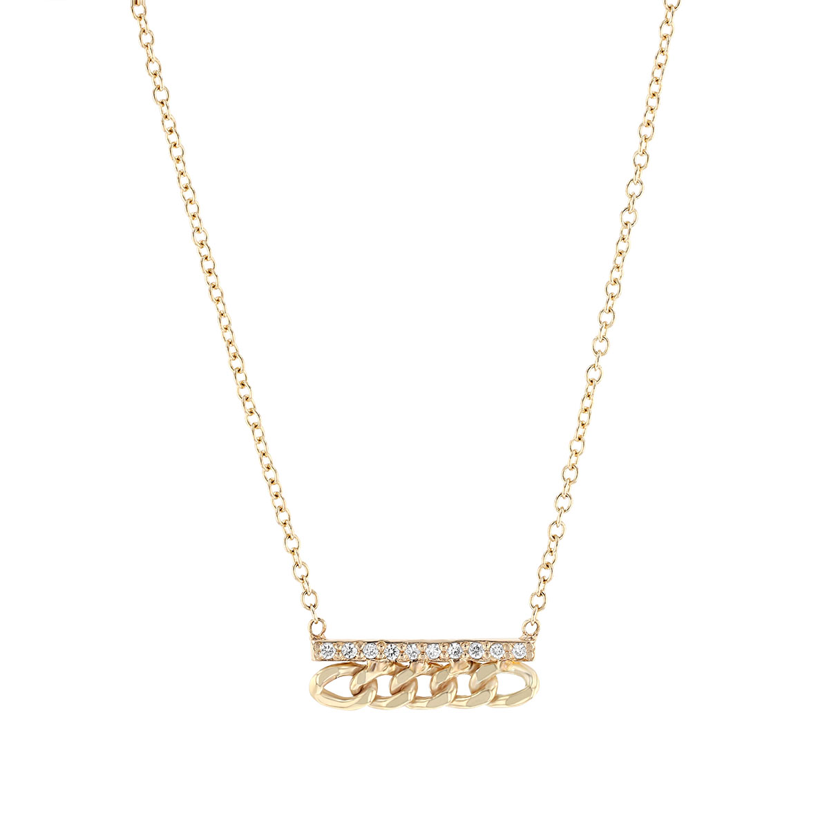 Zoe Chicco Yellow Gold Small Curb Chain & Pave Diamond Bar Necklace, 18