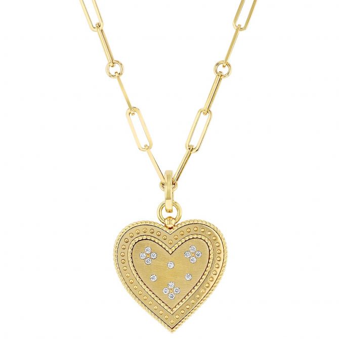 Roberto Coin Large Heart Medallion Pendant with Scattered Diamonds in Yellow Gold
