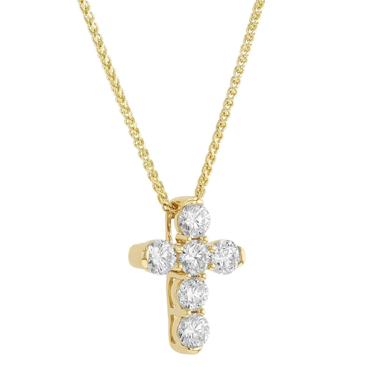 Diamond Cross 6 Stone Necklace in Yellow Gold, 18