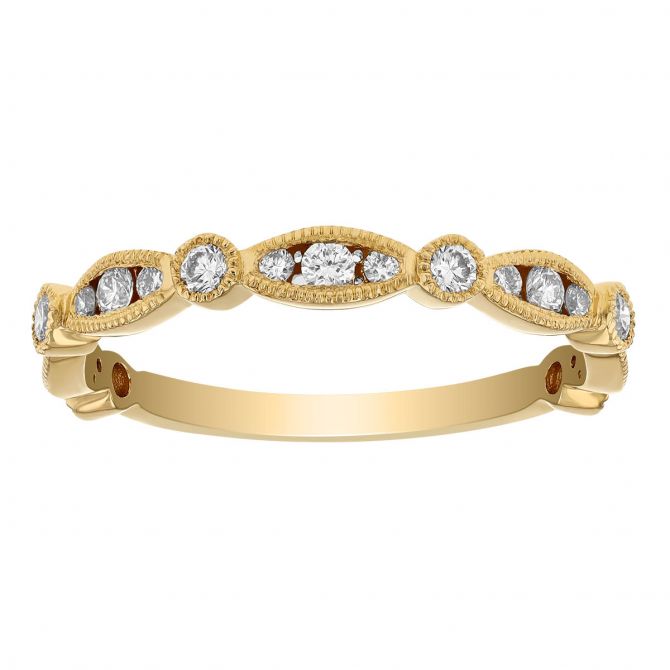Diamond Milgrain Patterned Alternating Bezel Set Ring in Yellow Gold