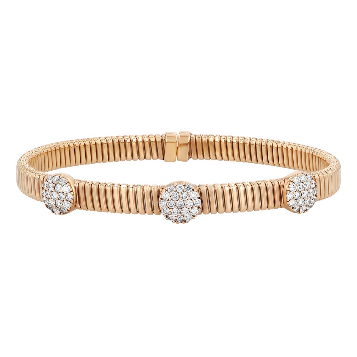 Diamond Pavé 3 Round Station Ribbed Bracelet in Rose Gold
