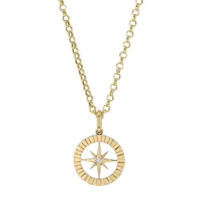 Diamond Small Compass Pendant in Yellow Gold, 18"